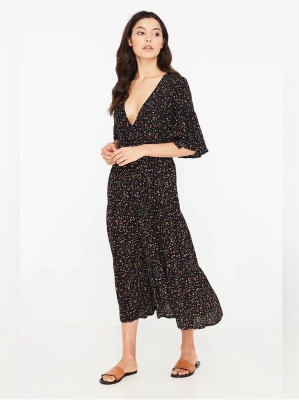 Anthropologie Faithfull the Brand Melia Black Floral Bell Sleeve Midi Dress M - Picture 3 of 7